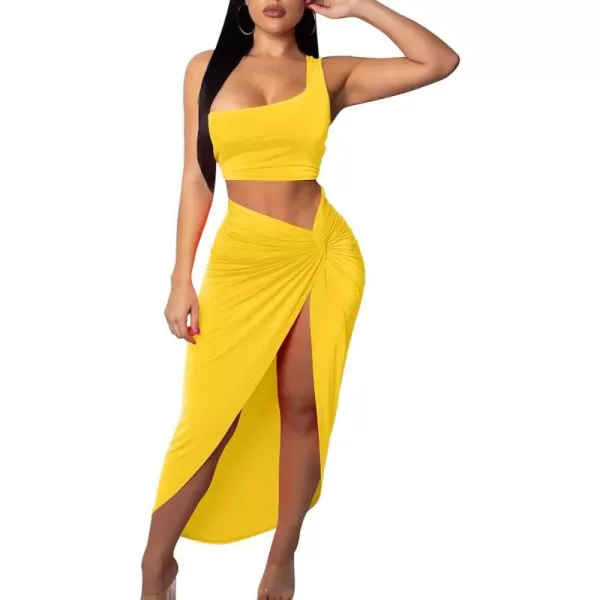 BEAGIMEG Womens Sexy One Shoulder Long Bodycon Slit Skirt 2 Pieces DressYellow