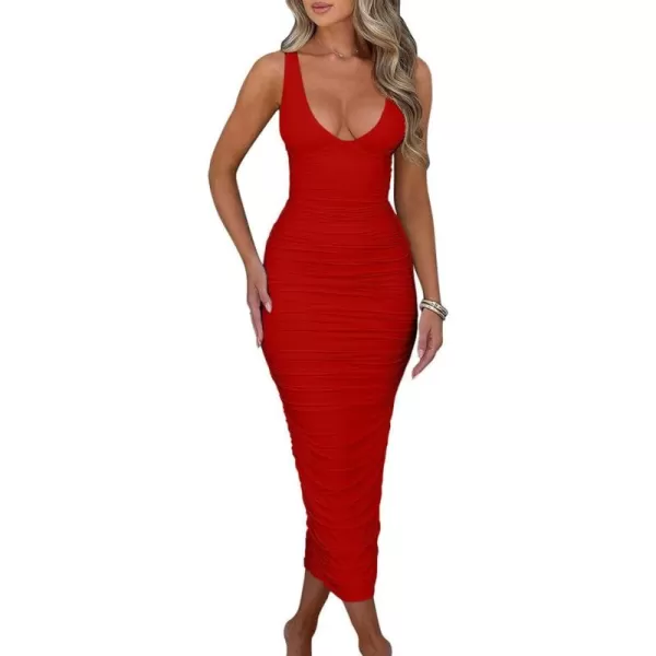 BEAGIMEG Womens Sexy Ruched Sleeveless Deep V Elegant Cocktail Evening Party Maxi DressRed