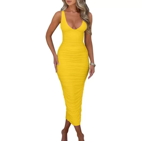 BEAGIMEG Womens Sexy Ruched Sleeveless Deep V Elegant Cocktail Evening Party Maxi DressYellow