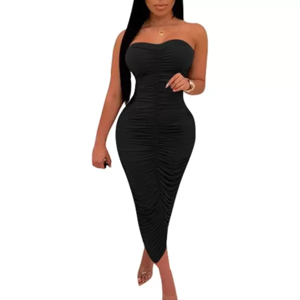 BEAGIMEG Womens Sexy Ruched Strapless Bodycon Tube Maxi Long Club DressBlack