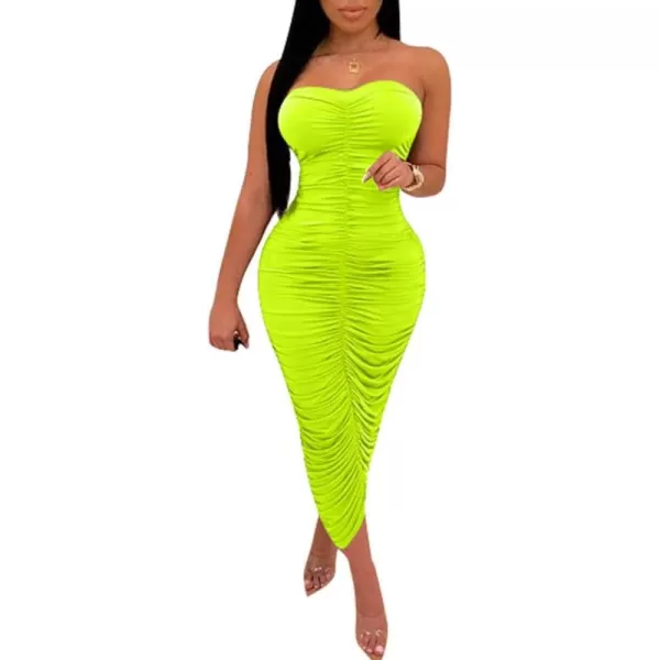 BEAGIMEG Womens Sexy Ruched Strapless Bodycon Tube Maxi Long Club DressFluogreen