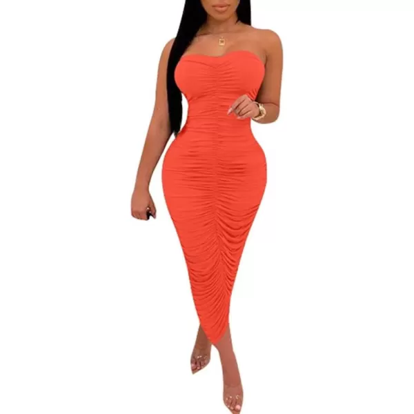 BEAGIMEG Womens Sexy Ruched Strapless Bodycon Tube Maxi Long Club DressOrange