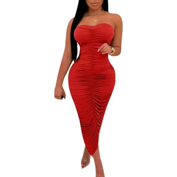 BEAGIMEG Womens Sexy Ruched Strapless Bodycon Tube Maxi Long Club DressRed
