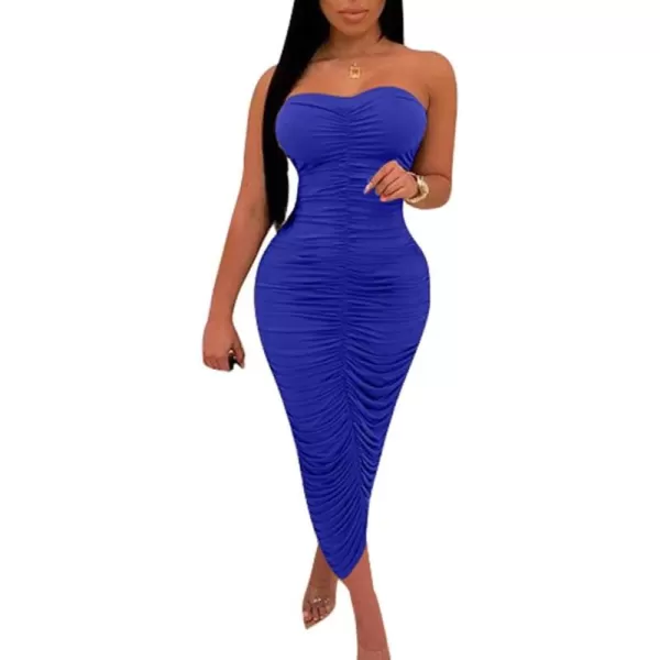 BEAGIMEG Womens Sexy Ruched Strapless Bodycon Tube Maxi Long Club DressRoyal Blue