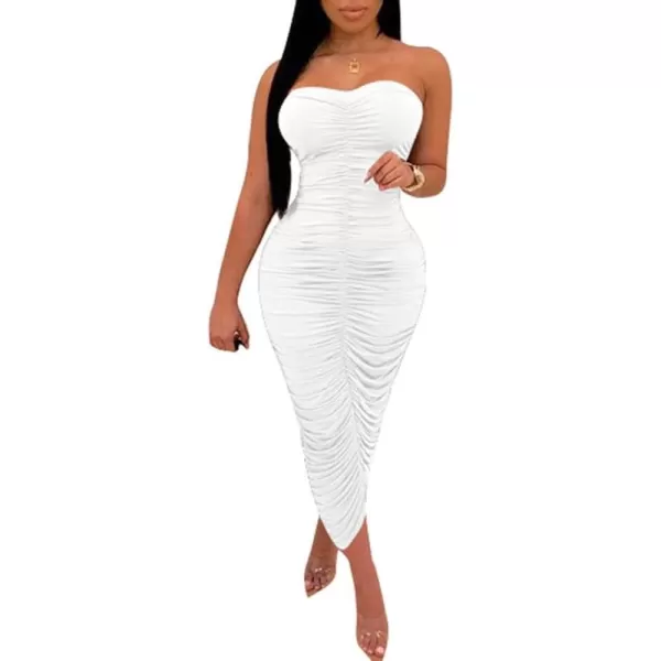 BEAGIMEG Womens Sexy Ruched Strapless Bodycon Tube Maxi Long Club DressWhite