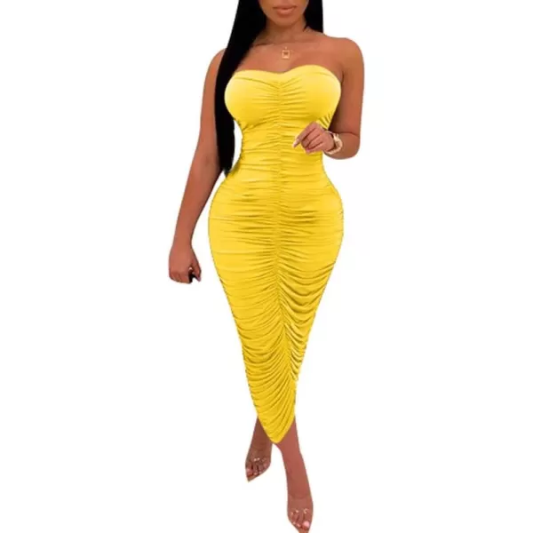 BEAGIMEG Womens Sexy Ruched Strapless Bodycon Tube Maxi Long Club DressYellow