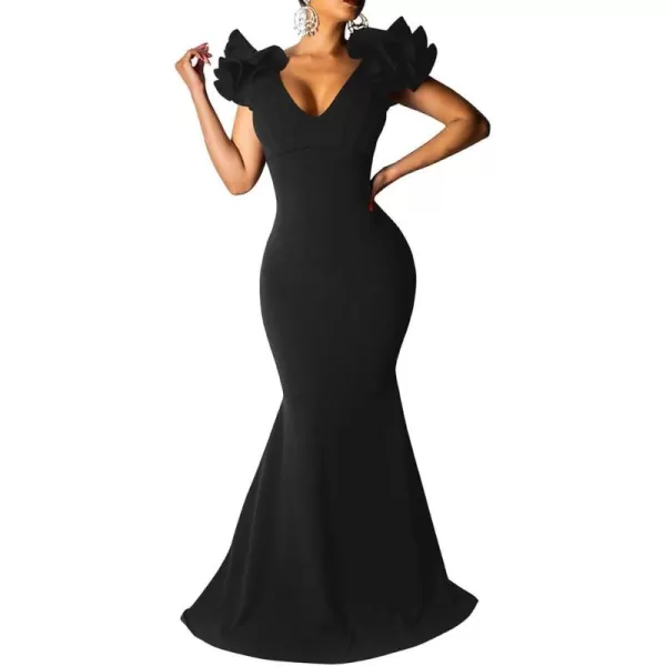 BEAGIMEG Womens Sexy Ruffle Sleeve Elegant V Neck Backless Evening Formal Maxi DressBlack