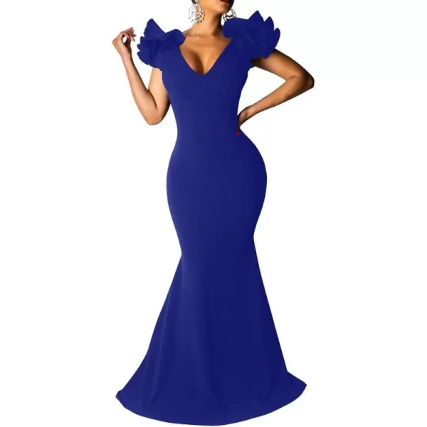 BEAGIMEG Womens Sexy Ruffle Sleeve Elegant V Neck Backless Evening Formal Maxi DressRoyal Blue