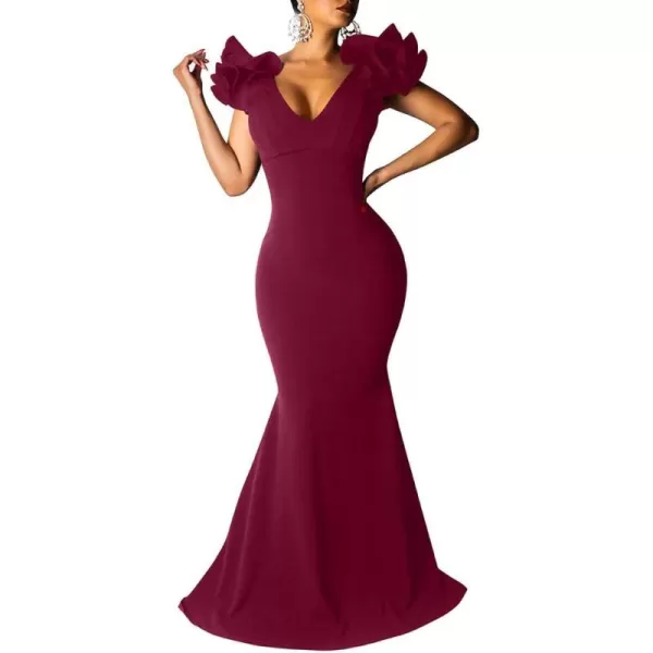 BEAGIMEG Womens Sexy Ruffle Sleeve Elegant V Neck Backless Evening Formal Maxi DressWine Red