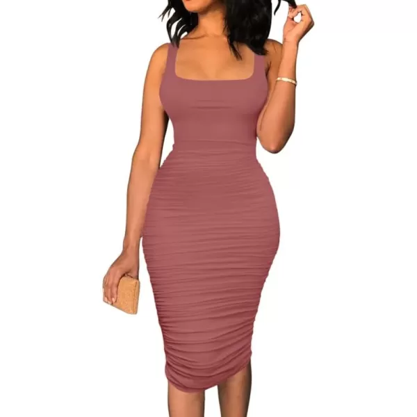 BEAGIMEG Womens Sexy Tank Top Bodycon Ruched Sleeveless Basic Midi Party DressDarkpink