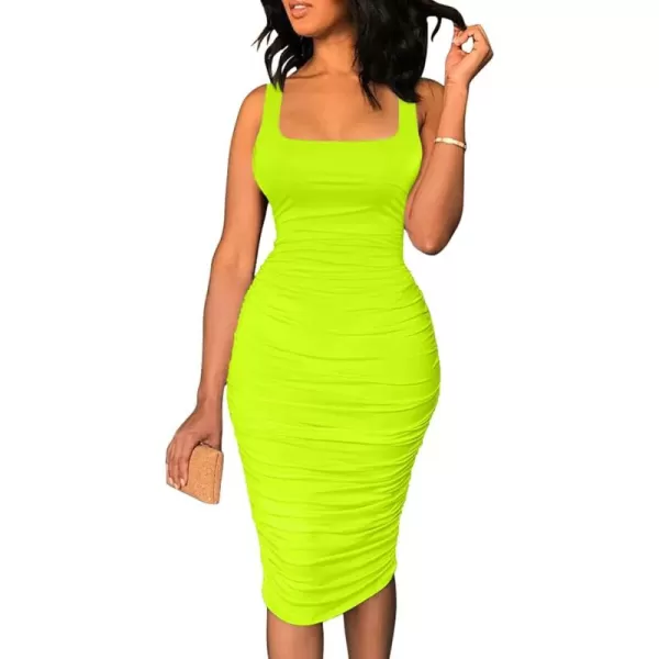 BEAGIMEG Womens Sexy Tank Top Bodycon Ruched Sleeveless Basic Midi Party DressFluogreen