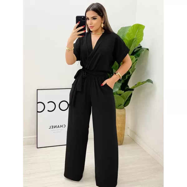 BEAGIMEG Womens Elegant Casual Short Sleeve V Neck Belted Wide Leg Pant Jumpsuits One Piece OutfitsBlack