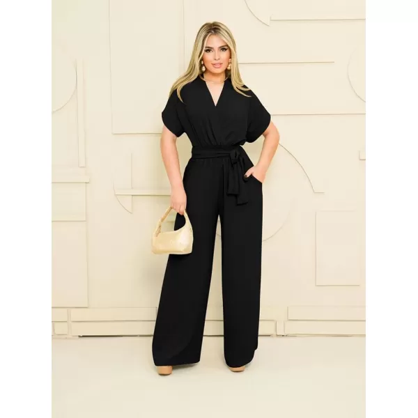 BEAGIMEG Womens Elegant Casual Short Sleeve V Neck Belted Wide Leg Pant Jumpsuits One Piece OutfitsBlack