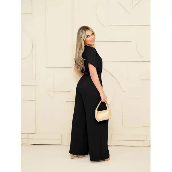 BEAGIMEG Womens Elegant Casual Short Sleeve V Neck Belted Wide Leg Pant Jumpsuits One Piece OutfitsBlack