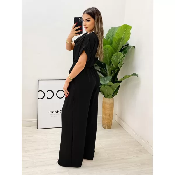 BEAGIMEG Womens Elegant Casual Short Sleeve V Neck Belted Wide Leg Pant Jumpsuits One Piece OutfitsBlack