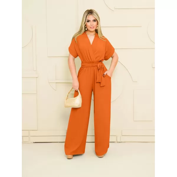 BEAGIMEG Womens Elegant Casual Short Sleeve V Neck Belted Wide Leg Pant Jumpsuits One Piece OutfitsOrange