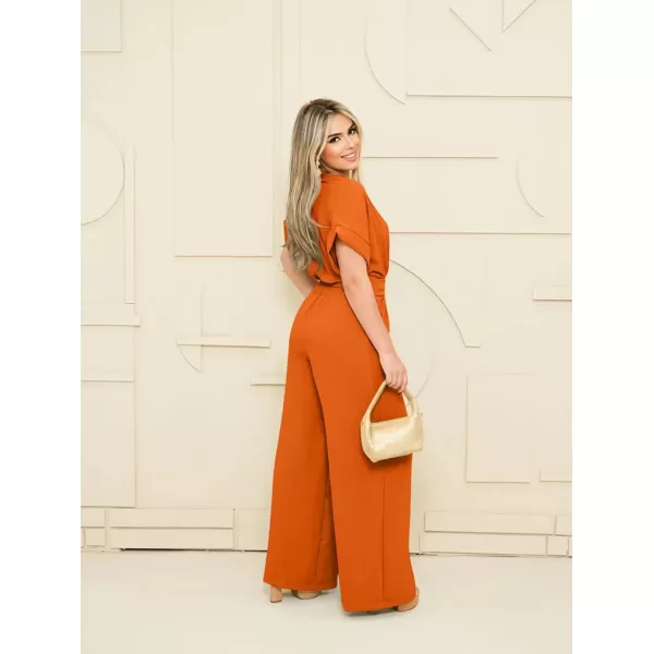 BEAGIMEG Womens Elegant Casual Short Sleeve V Neck Belted Wide Leg Pant Jumpsuits One Piece OutfitsOrange