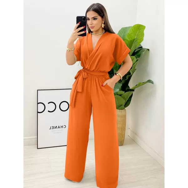 BEAGIMEG Womens Elegant Casual Short Sleeve V Neck Belted Wide Leg Pant Jumpsuits One Piece OutfitsOrange