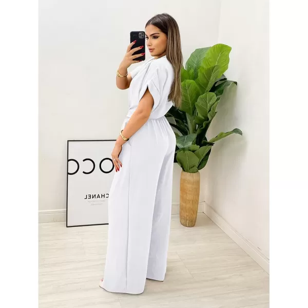 BEAGIMEG Womens Elegant Casual Short Sleeve V Neck Belted Wide Leg Pant Jumpsuits One Piece OutfitsWhite
