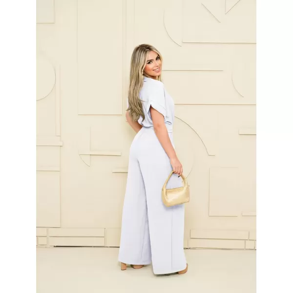 BEAGIMEG Womens Elegant Casual Short Sleeve V Neck Belted Wide Leg Pant Jumpsuits One Piece OutfitsWhite