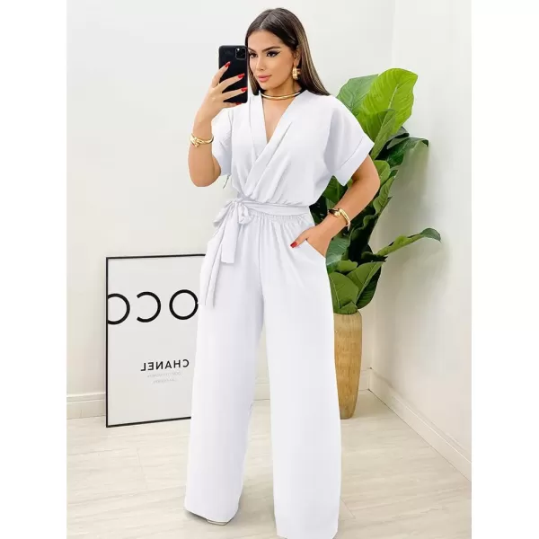BEAGIMEG Womens Elegant Casual Short Sleeve V Neck Belted Wide Leg Pant Jumpsuits One Piece OutfitsWhite