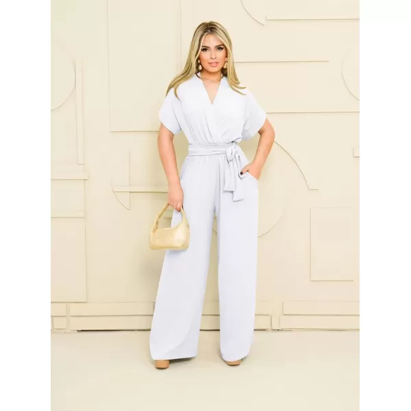 BEAGIMEG Womens Elegant Casual Short Sleeve V Neck Belted Wide Leg Pant Jumpsuits One Piece OutfitsWhite