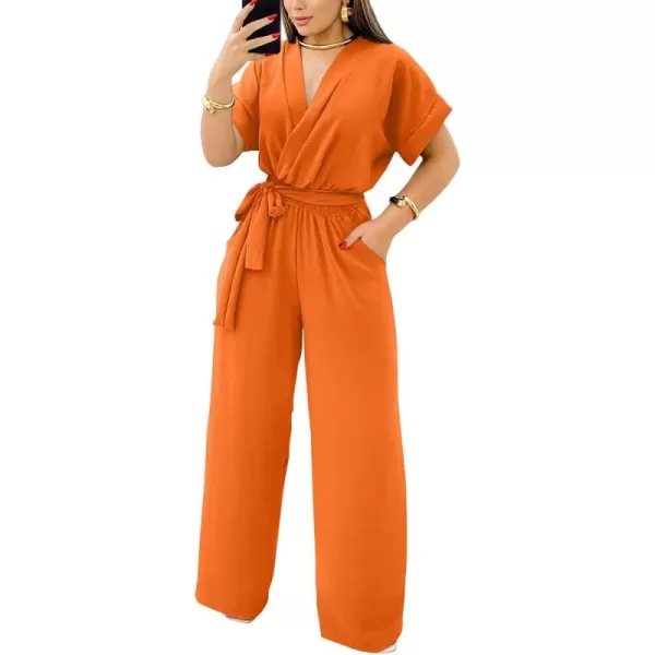 BEAGIMEG Womens Elegant Casual Short Sleeve V Neck Belted Wide Leg Pant Jumpsuits One Piece OutfitsOrange