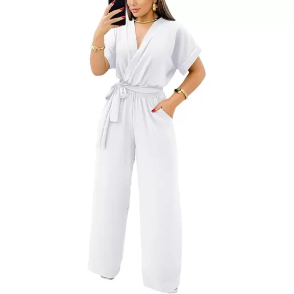 BEAGIMEG Womens Elegant Casual Short Sleeve V Neck Belted Wide Leg Pant Jumpsuits One Piece OutfitsWhite