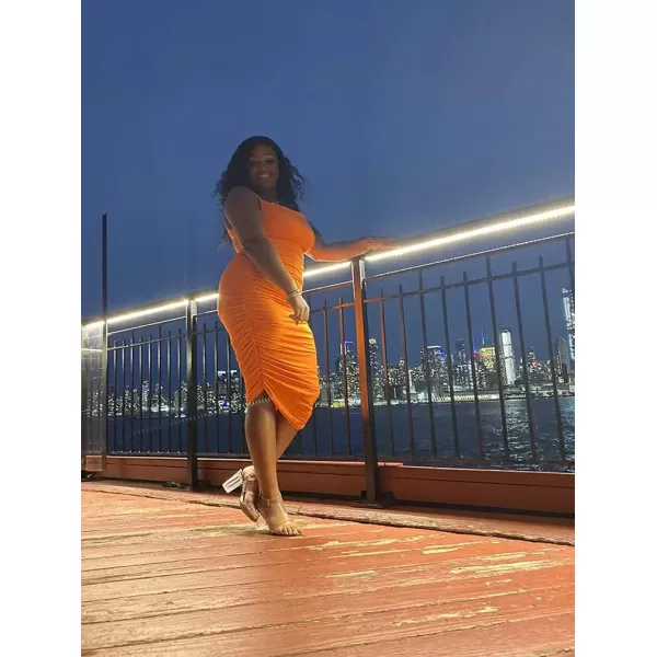 BEAGIMEG Womens Ruched Backless Spaghetti Strap Bodycon Party Club Midi DressOrange