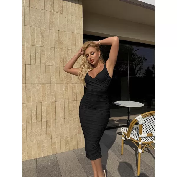 BEAGIMEG Womens Sexy Bodycon Sleeveless Ruched Mesh Club Party Midi DressBlack