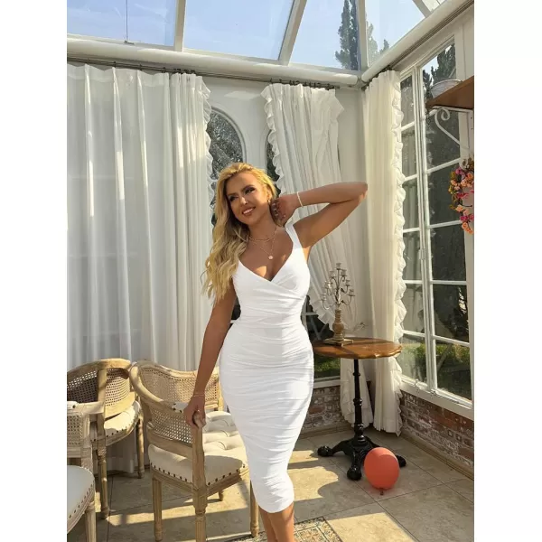 BEAGIMEG Womens Sexy Bodycon Sleeveless Ruched Mesh Club Party Midi DressWhite