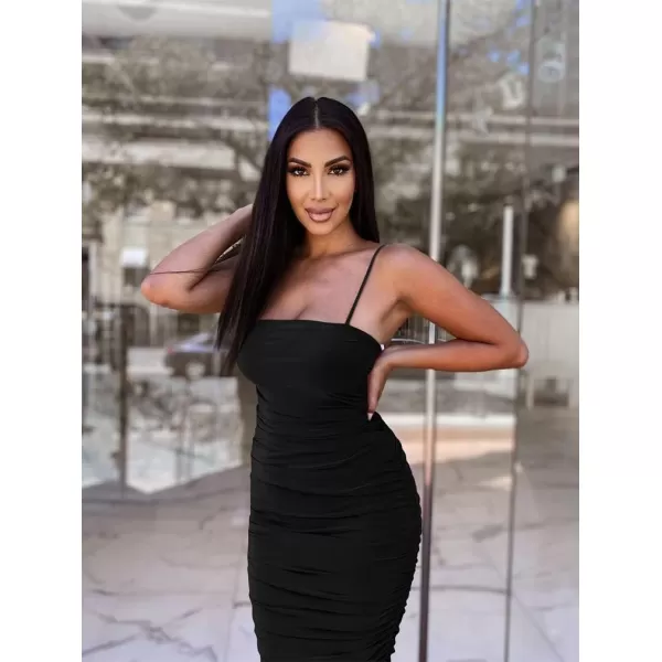 BEAGIMEG Womens Sexy Bodycon Sleeveless Spaghetti Strap Ruched Club Party Cocktail Midi DressBlack