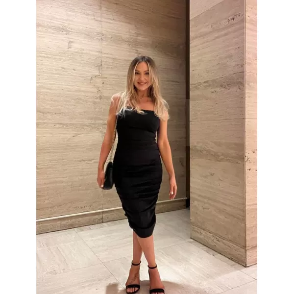 BEAGIMEG Womens Sexy Bodycon Sleeveless Spaghetti Strap Ruched Club Party Cocktail Midi DressBlack