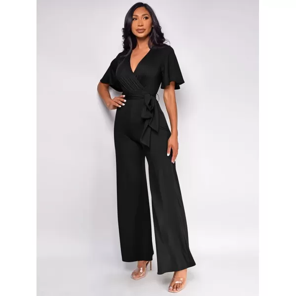 BEAGIMEG Womens Sexy Elegant Short Sleeve V Neck Wide Leg Party Club Cocktail JumpsuitBlack