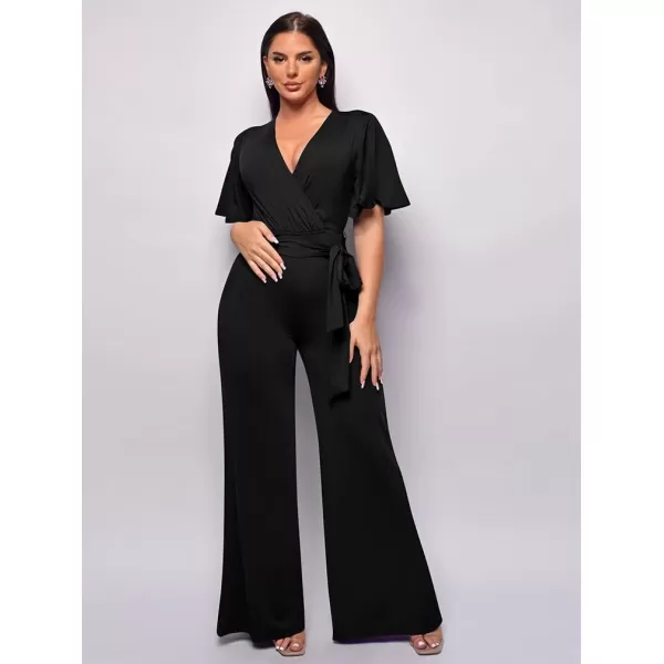 BEAGIMEG Womens Sexy Elegant Short Sleeve V Neck Wide Leg Party Club Cocktail JumpsuitBlack
