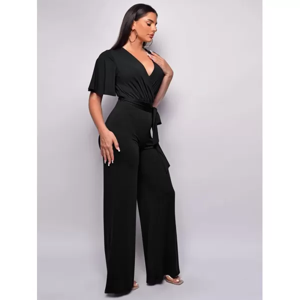 BEAGIMEG Womens Sexy Elegant Short Sleeve V Neck Wide Leg Party Club Cocktail JumpsuitBlack