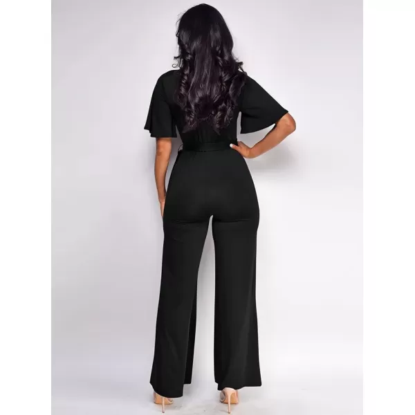 BEAGIMEG Womens Sexy Elegant Short Sleeve V Neck Wide Leg Party Club Cocktail JumpsuitBlack