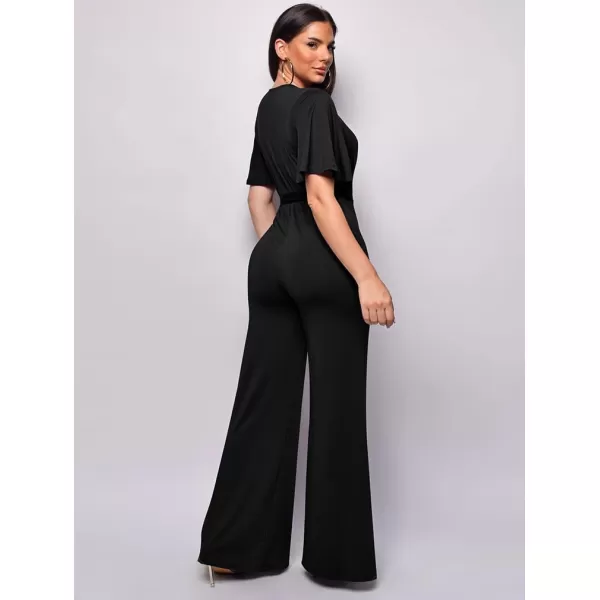 BEAGIMEG Womens Sexy Elegant Short Sleeve V Neck Wide Leg Party Club Cocktail JumpsuitBlack