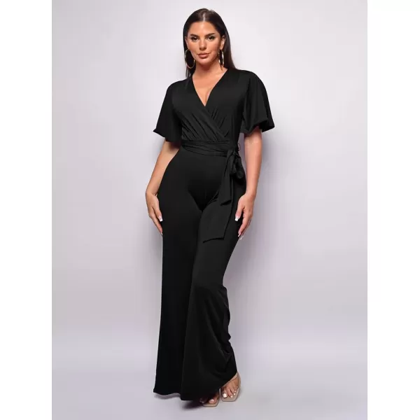 BEAGIMEG Womens Sexy Elegant Short Sleeve V Neck Wide Leg Party Club Cocktail JumpsuitBlack
