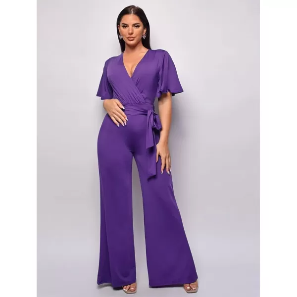 BEAGIMEG Womens Sexy Elegant Short Sleeve V Neck Wide Leg Party Club Cocktail JumpsuitPurple
