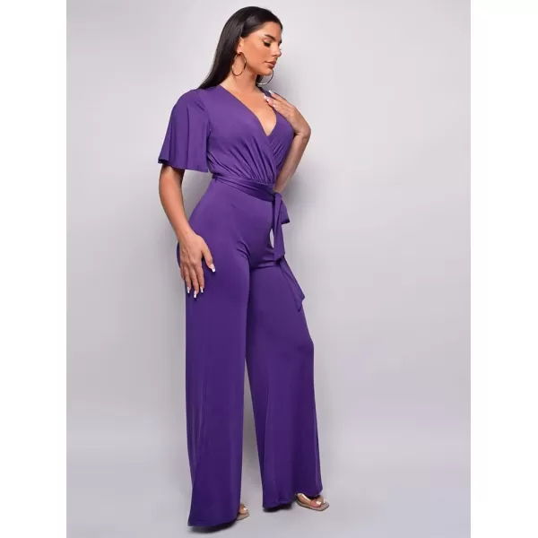 BEAGIMEG Womens Sexy Elegant Short Sleeve V Neck Wide Leg Party Club Cocktail JumpsuitPurple
