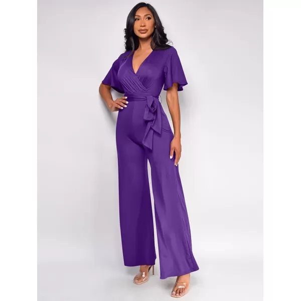 BEAGIMEG Womens Sexy Elegant Short Sleeve V Neck Wide Leg Party Club Cocktail JumpsuitPurple