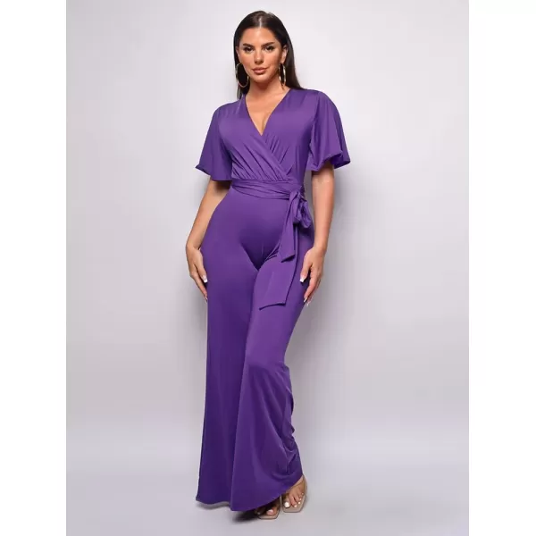 BEAGIMEG Womens Sexy Elegant Short Sleeve V Neck Wide Leg Party Club Cocktail JumpsuitPurple