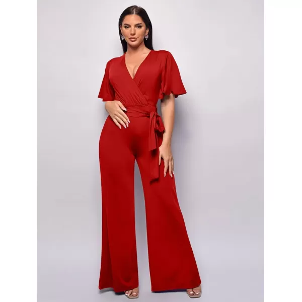BEAGIMEG Womens Sexy Elegant Short Sleeve V Neck Wide Leg Party Club Cocktail JumpsuitRed