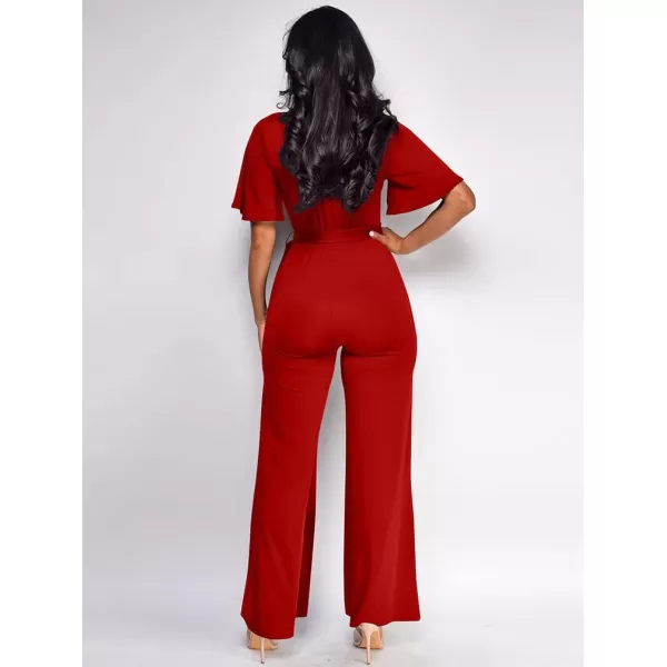 BEAGIMEG Womens Sexy Elegant Short Sleeve V Neck Wide Leg Party Club Cocktail JumpsuitRed