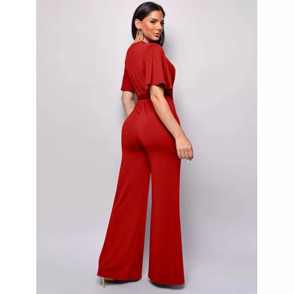 BEAGIMEG Womens Sexy Elegant Short Sleeve V Neck Wide Leg Party Club Cocktail JumpsuitRed