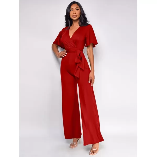 BEAGIMEG Womens Sexy Elegant Short Sleeve V Neck Wide Leg Party Club Cocktail JumpsuitRed