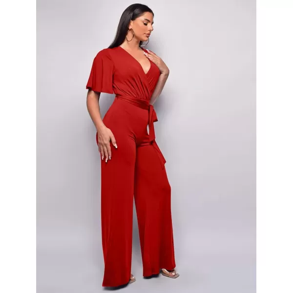 BEAGIMEG Womens Sexy Elegant Short Sleeve V Neck Wide Leg Party Club Cocktail JumpsuitRed