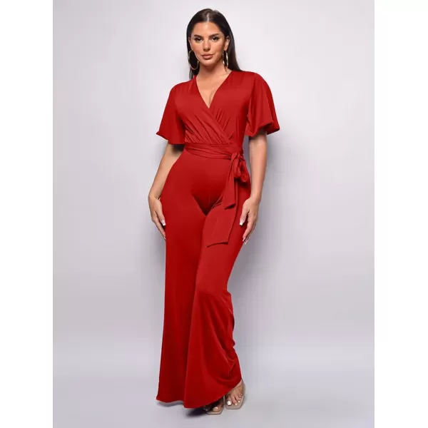 BEAGIMEG Womens Sexy Elegant Short Sleeve V Neck Wide Leg Party Club Cocktail JumpsuitRed