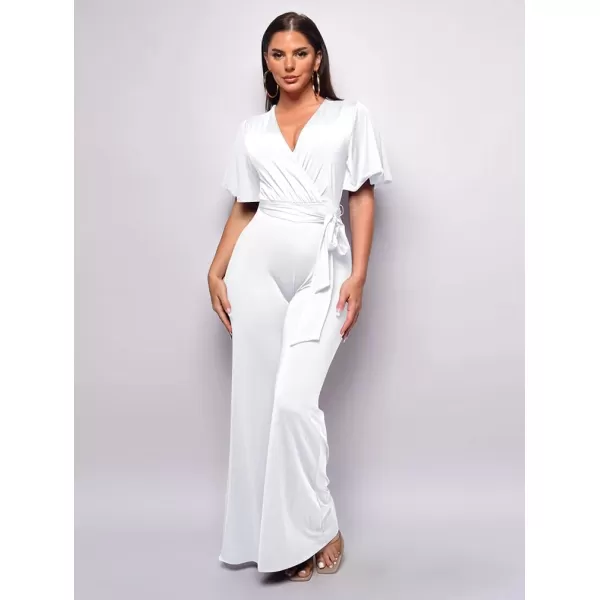 BEAGIMEG Womens Sexy Elegant Short Sleeve V Neck Wide Leg Party Club Cocktail JumpsuitWhite